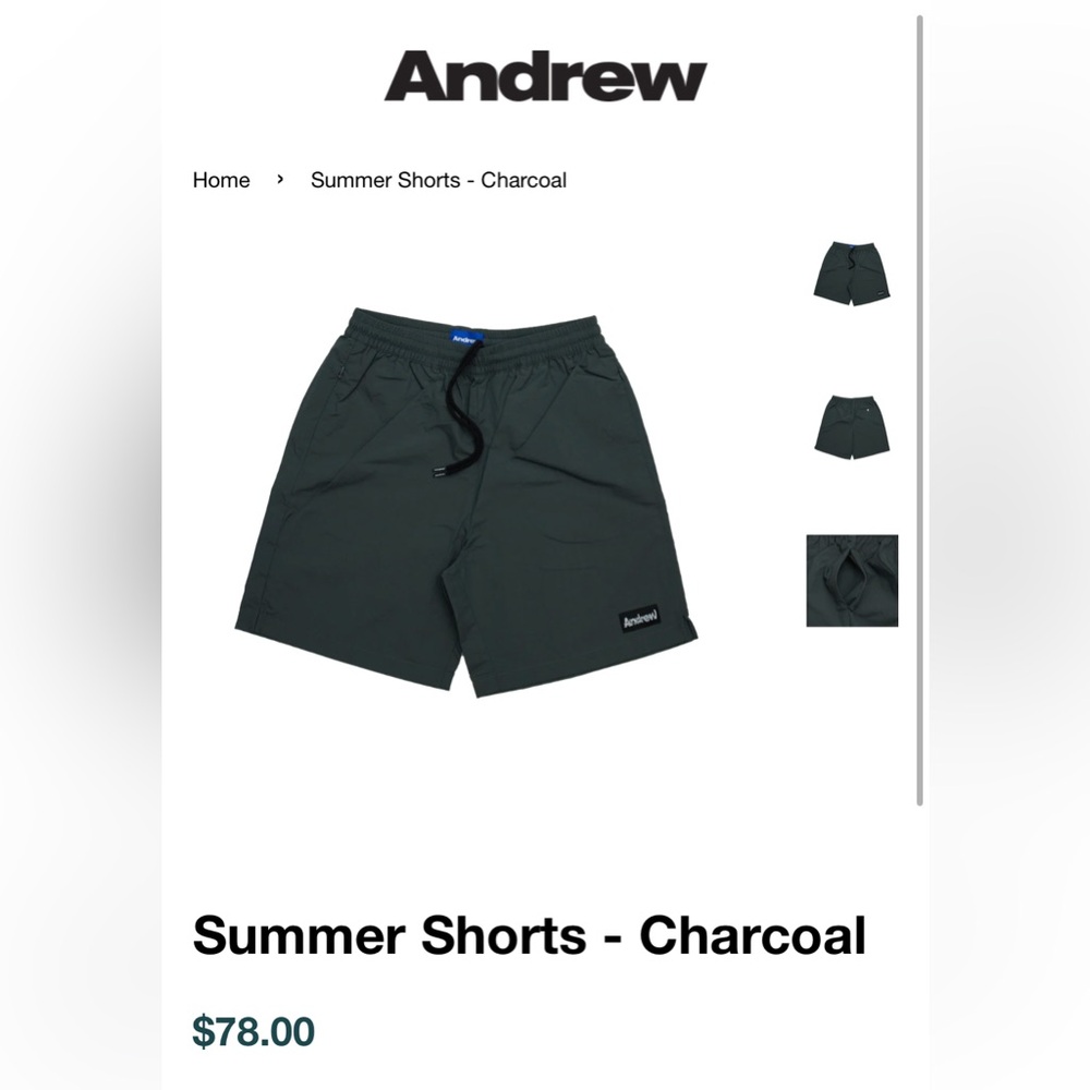 NWOT Andrew Summer Shorts in Charcoal size M